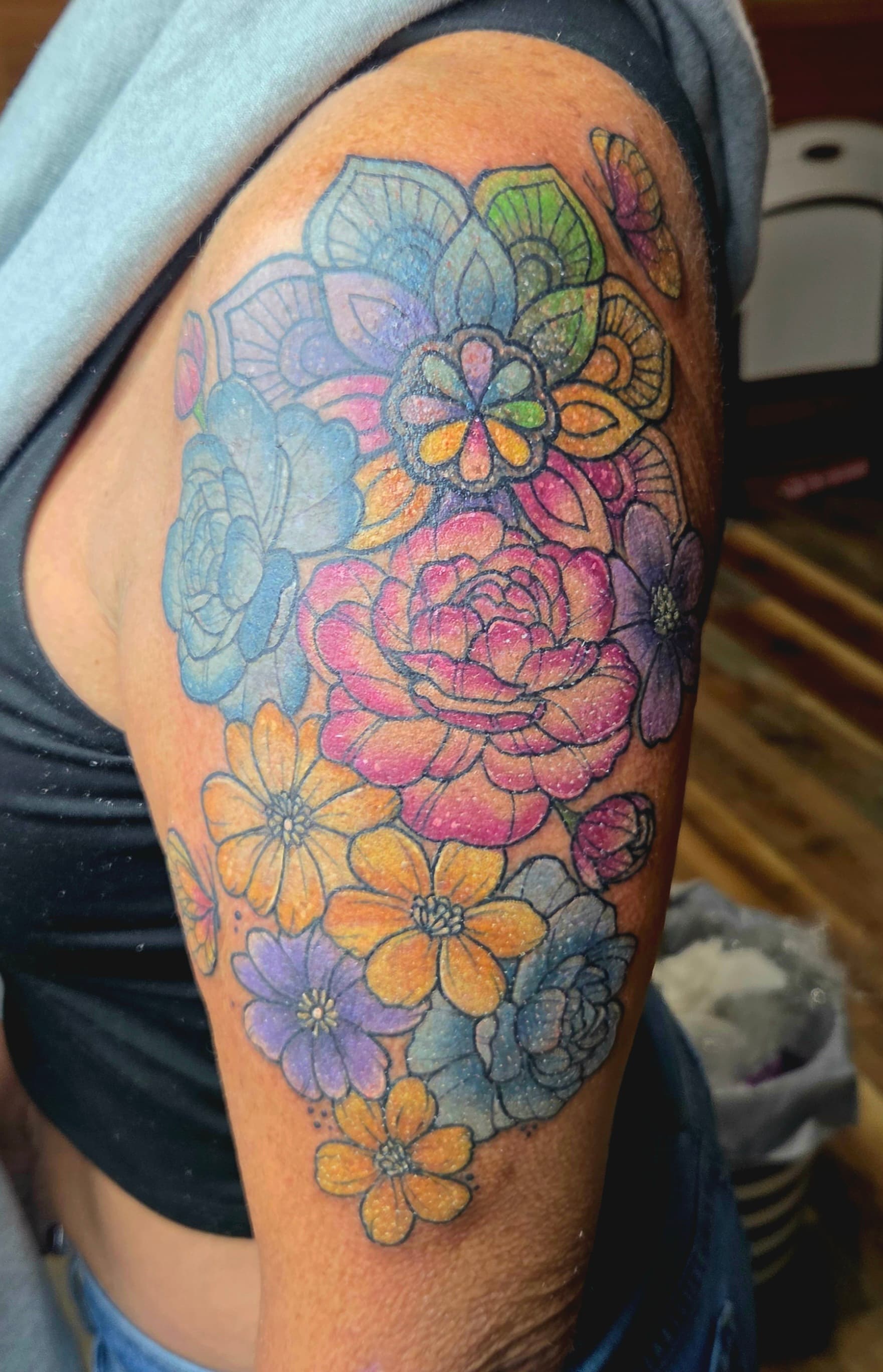 Fine Line & Floral tattoo by D Christi